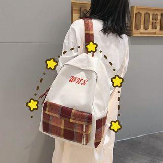 Lettering Plaid Panel Canvas Backpack