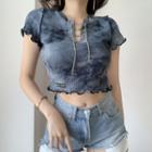 Short-sleeve Tie-dyed Lace-up Crop Top