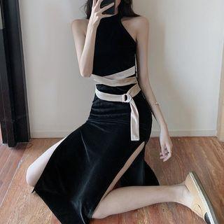 Halter-neck Belted Velvet Slit Midi Sheath Dress