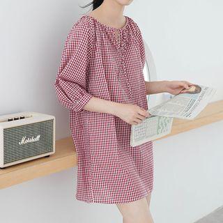 Elbow-sleeve Plaid Mini Dress