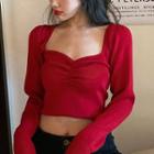 Cropped Long-sleeve Knit Top Red - One Size