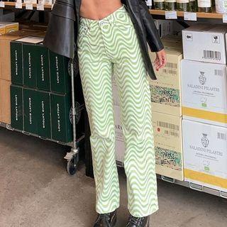 Wave Print High-waist Straight-cut Pants