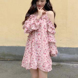 Cold-shoulder Floral Print Ruffled A-line Dress