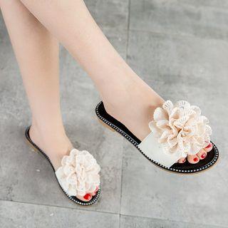 Flower Detail Faux Leather Slippers