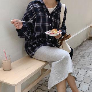 Drop-shoulder Plaid Shirt Navy Blue - One Size