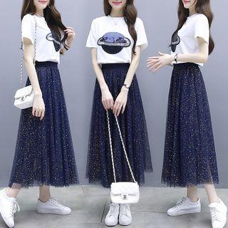 Set: Short-sleeve Sequined T-shirt + Midi Glitter Mesh Skirt
