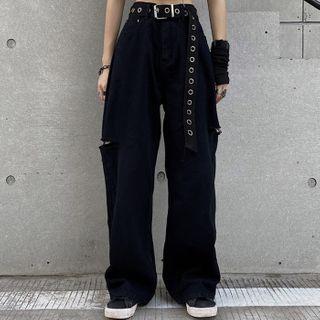 Coupled Matching Distressed Wide-leg Jeans