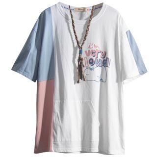 Short-sleeve Color Block Cartoon Print T-shirt