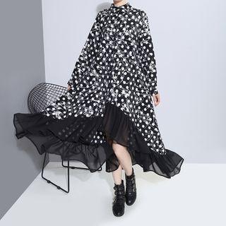 Asymmetric Long-sleeve Dotted Midi A-line Dress Black - One Size
