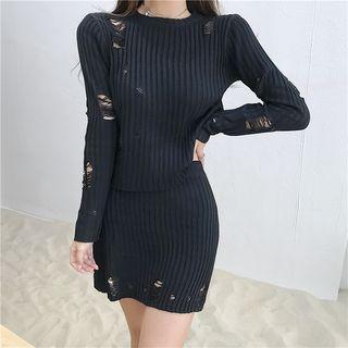 Set: Distressed Sweater + A-line Mini Knit Skirt Black - One Size
