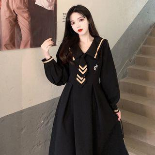 Long-sleeve Sailor Collar Midi A-line Dress / Short-sleeve T-shirt