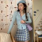 Long-sleeve Crochet Button Knit Top / Plaid Mini Fitted Skirt