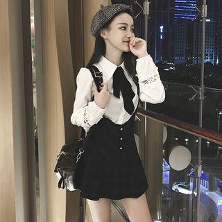 Tie Neck Shirt / Suspender A-line Skirt