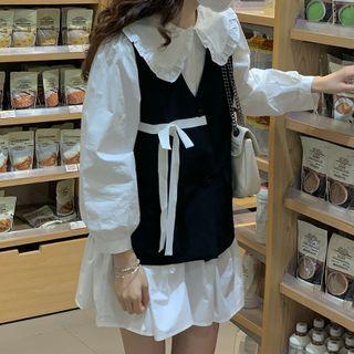 Puff-sleeve Ruffled A-line Dress / Bow Button-up Vest