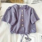 Short-sleeve Button-up Cropped Blouse Purple - One Size