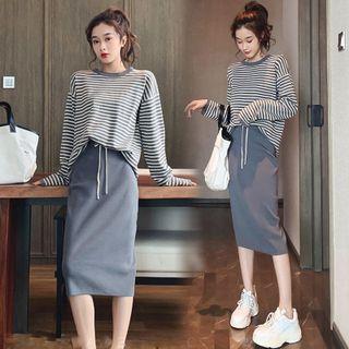 Set: Long-sleeve Striped T-shirt + Midi Pencil Skirt