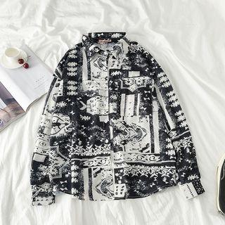 Long-sleeve Abstract Pattern Button-down Shirt As Shown In Figure - One Size