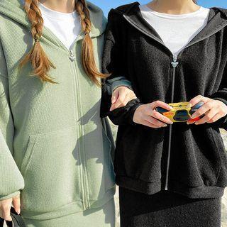 Drop-shoulder Ribbed Zip-up Hoodie
