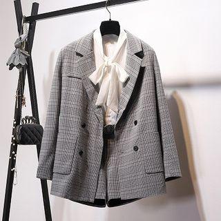 Set: Double-breasted Plaid Blazer + Plaid Wide Leg Shorts