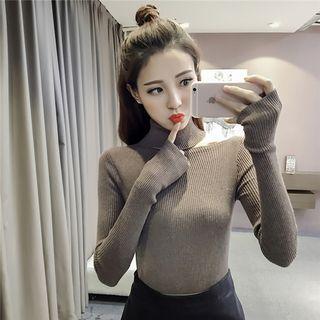 Cut Out Shoulder Turtleneck Long Sleeve Knit Top