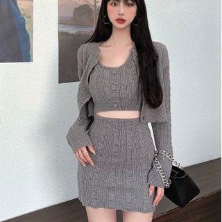 Set: Cable-knit Cardigan + Sleeveless Knit Top + Knit Skirt