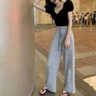 Puff-sleeve V-neck Top / Wide Leg Pants