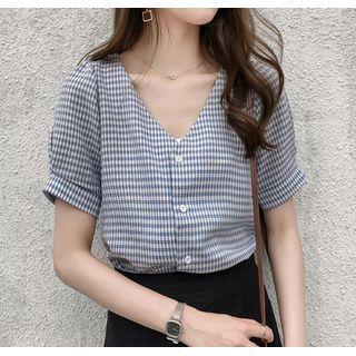 Short-sleeve Button-up Gingham Blouse
