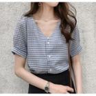 Short-sleeve Button-up Gingham Blouse