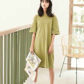 Elbow-sleeve Midi T-shirt Dress Green - One Size
