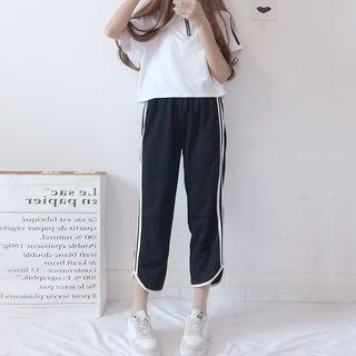 Set: Short-sleeve Striped Detail Top + Cropped Pants