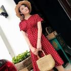 Short-sleeve Dotted Buttoned A-line Dress