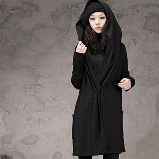 Hooded Wool Blend Long Cardigan Black - One Size