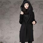 Hooded Wool Blend Long Cardigan Black - One Size