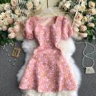 Square-neck Print Puff-sleeve Dress