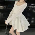 Square-neck Long-sleeve A-line Mini Dress White - One Size