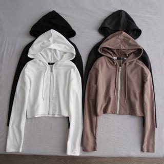 Long-sleeve Plain Crop Zip-hoodie
