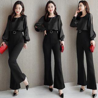 Mock Two-piece Long-sleeve Boot-cut Jumpsuit
