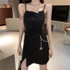 Spaghetti Strap Chained A-line Dress Black - One Size