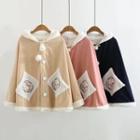 Furry-trim Buttoned Hooded Cape