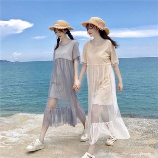 Mock Two-piece Short-sleeve Mesh Panel Midi Dress