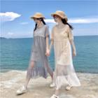 Mock Two-piece Short-sleeve Mesh Panel Midi Dress
