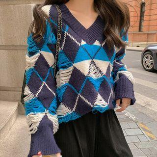 V-neck Distressed Argyle Sweater