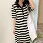 Short Sleeve Striped Polo Dress Stripe - Black & White - One Size