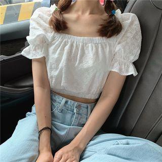 Ruffle Trim Floral Cropped Blouse White - One Size