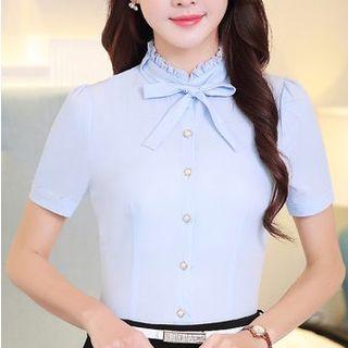 Bow Frill Collar Short-sleeve Chiffon Top