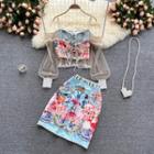 Set Of 2 : Mesh Panel Print Suspender Top + Print Lace Trim A-line Skirt