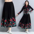 Embroidered Midi A-line Skirt Black - One Size
