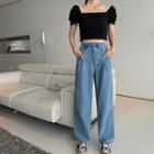 Square-neck Short-sleeve Crop Top / High-waist Wide-leg Jeans