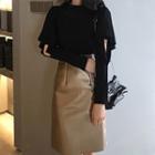 Faux Leather Pencil Skirt / Long-sleeve Cutout Top