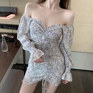 Off-shoulder Floral Ruched Dress As Shown In Figure - One Size